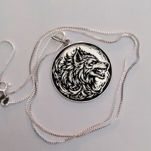 Sterling Silver Wolf Pendant Necklace, Vintage, 20" 925 Chain. Viking